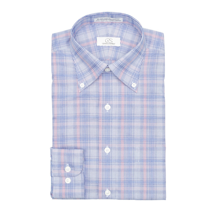 Blue and Coral Glen Plaid Cotton Dress Shirt with Button-Down Collar by Cooper & Stewart