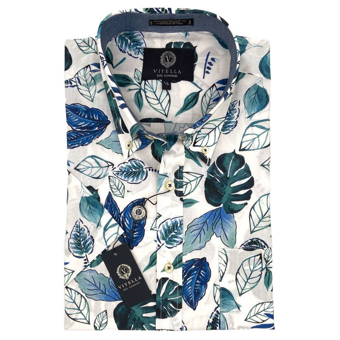 Tropical Leaf Print Cotton Madras Short Sleeve Cotton Sport Shirt by Viyella