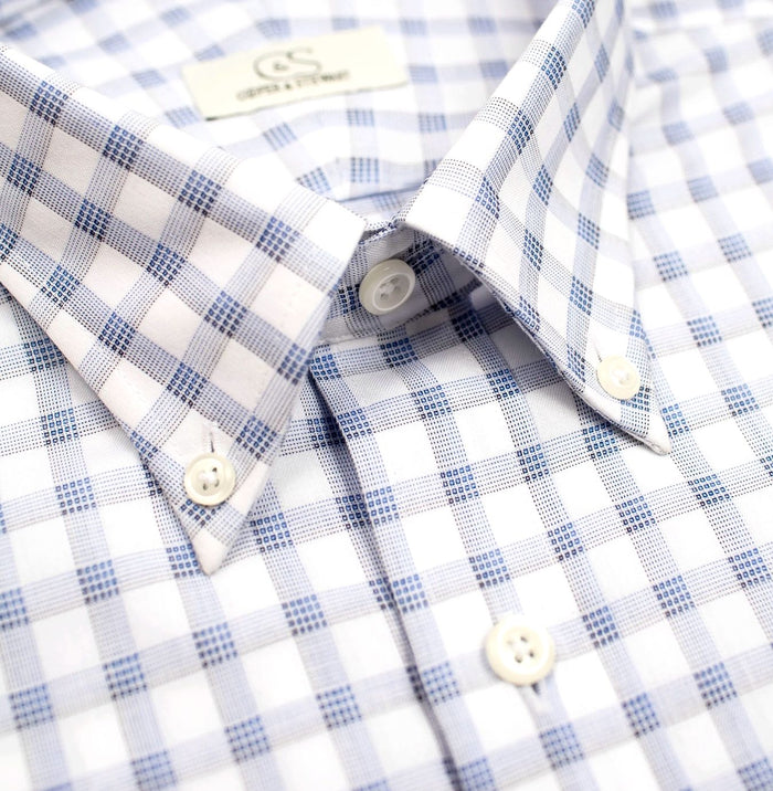 White and Blue Box Plaid Cotton Dress Shirt with Button-Down Collar by Cooper & Stewart