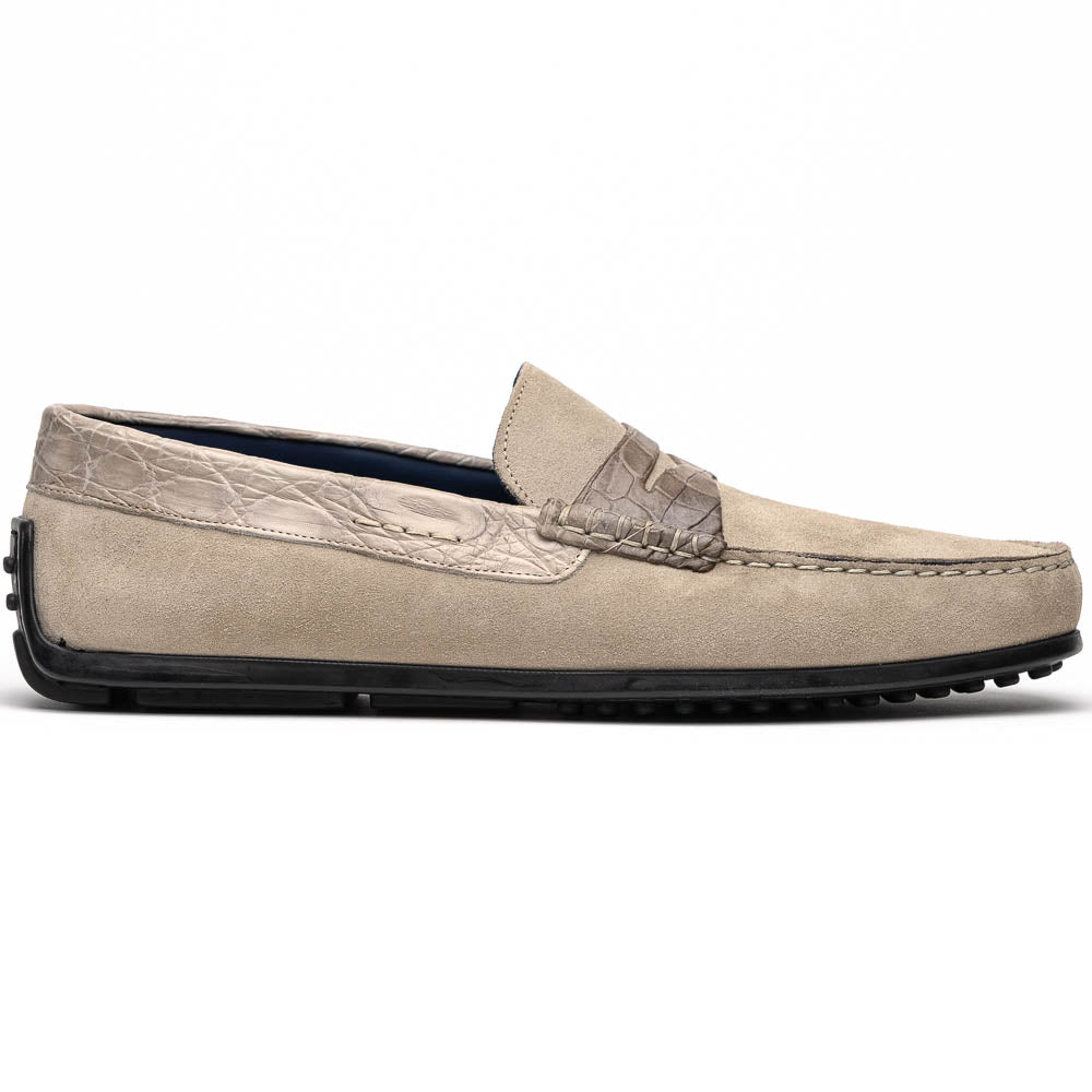 Monza Sueded Calfskin and Crocodile Driver in Sand by Zelli Italia