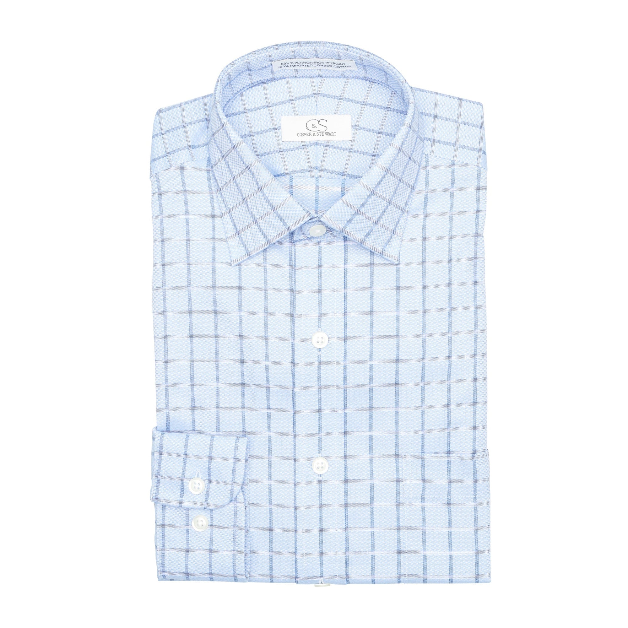 Blue Text Box Check Wrinkle-Free Cotton Dress Shirt with Spread Collar by Cooper & Stewart