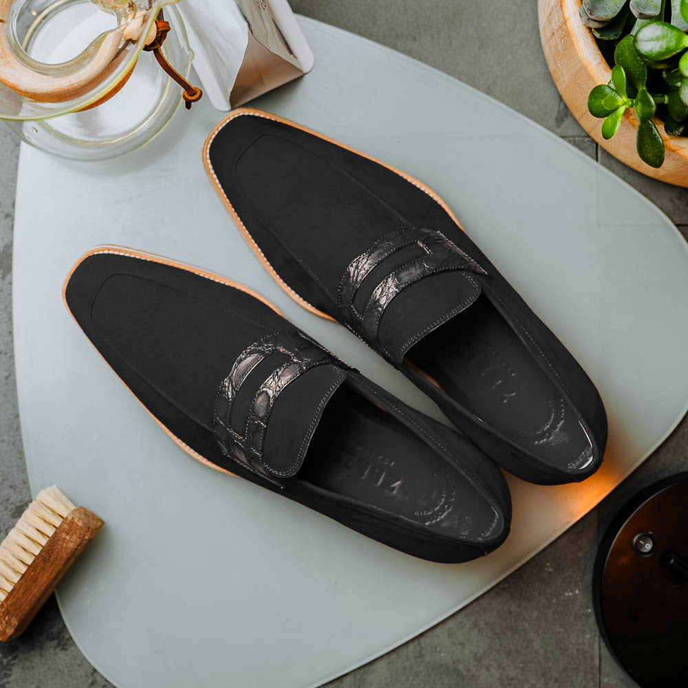 Meo 3 Sueded Goatskin Penny Loafer in Black by Zelli Italia