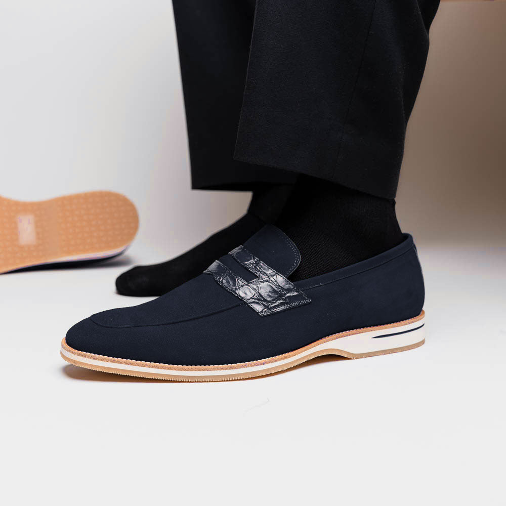 Meo 3 Sueded Goatskin Penny Loafer in Navy by Zelli Italia