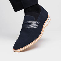 Meo 3 Sueded Goatskin Penny Loafer in Navy by Zelli Italia