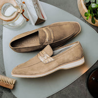 Meo 3 Sueded Goatskin Penny Loafer in Taupe by Zelli Italia