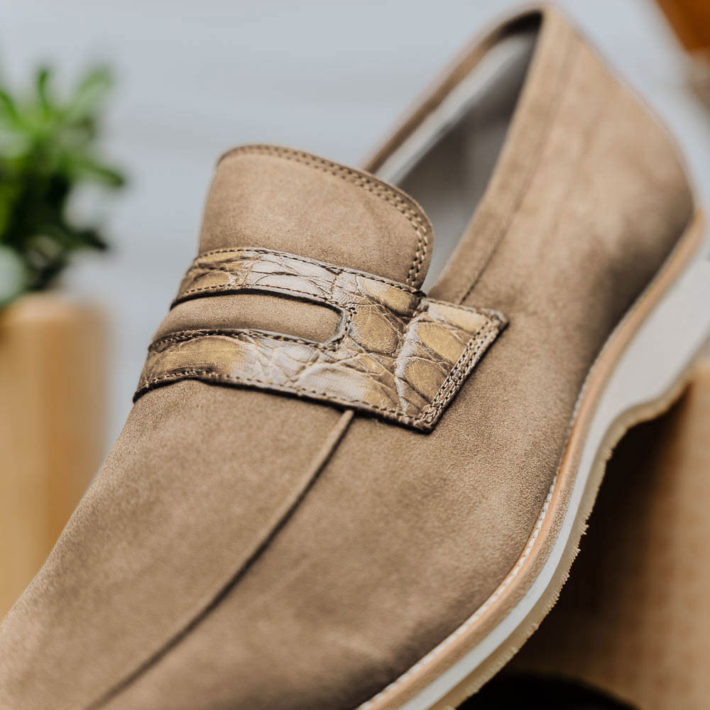 Meo 3 Sueded Goatskin Penny Loafer in Taupe by Zelli Italia