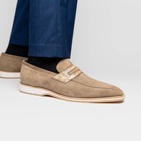 Meo 3 Sueded Goatskin Penny Loafer in Taupe by Zelli Italia