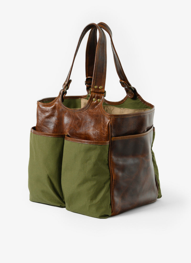 Belle Picnic Tote in Olive Ventile and Titan Milled Brown by Moore & Giles