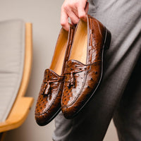 Franco Ostrich Quill Tassel Loafer in Brown by Zelli Italia