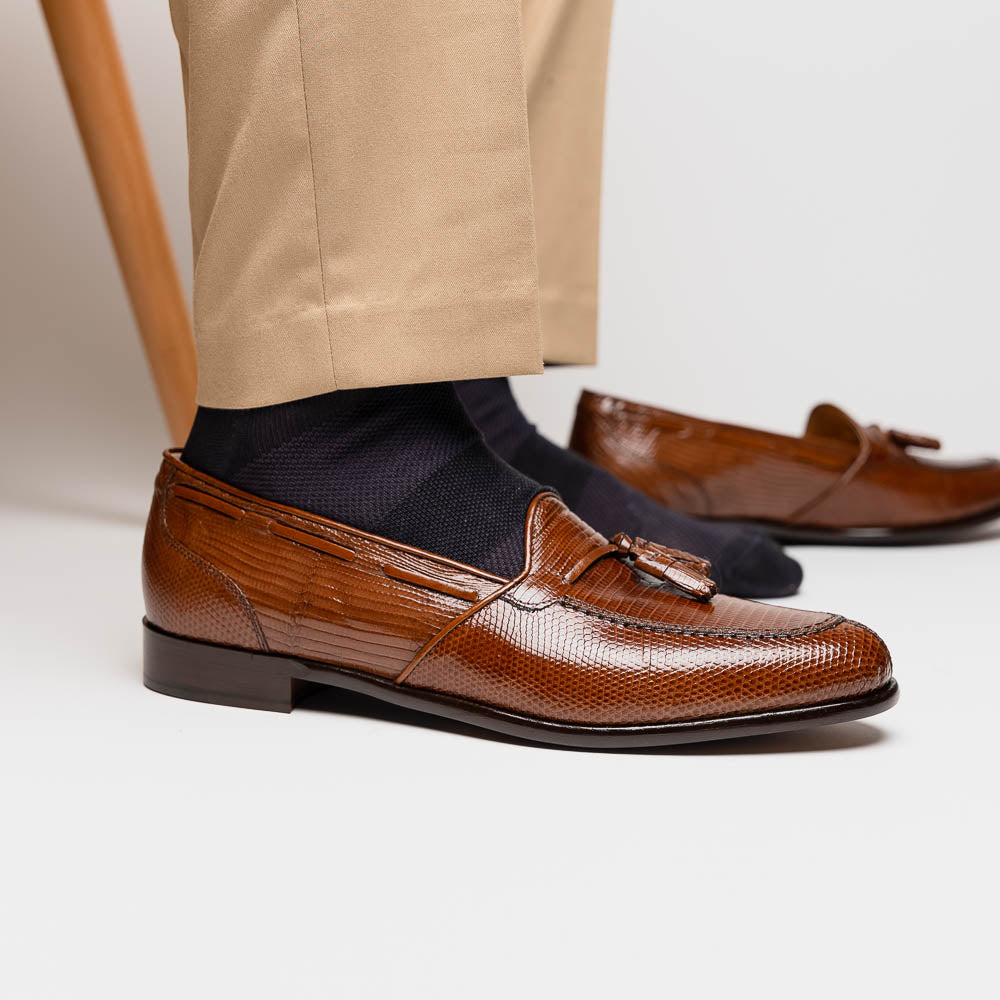 Franco Teju Lizard Tassel Loafer in Cognac by Zelli Italia