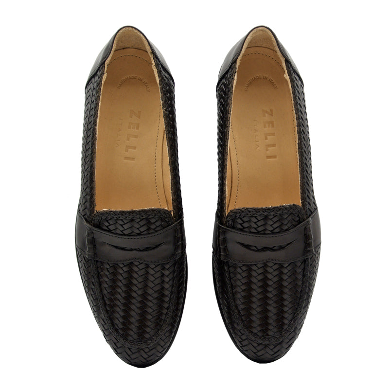 Nicola Woven Italian Calfskin Penny Loafer in Dark Brown by Zelli Italia