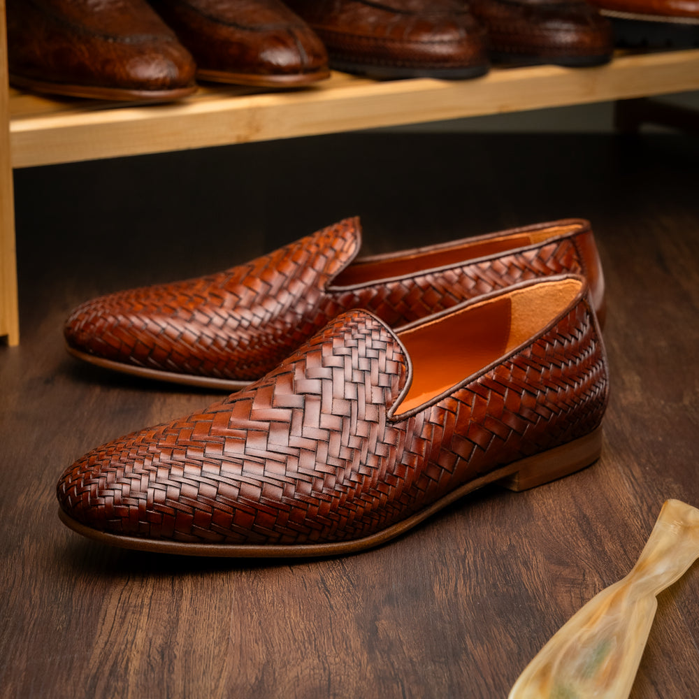 Rizzo Italian Calfskin Basketweave Loafer in Cognac by Zelli Italia
