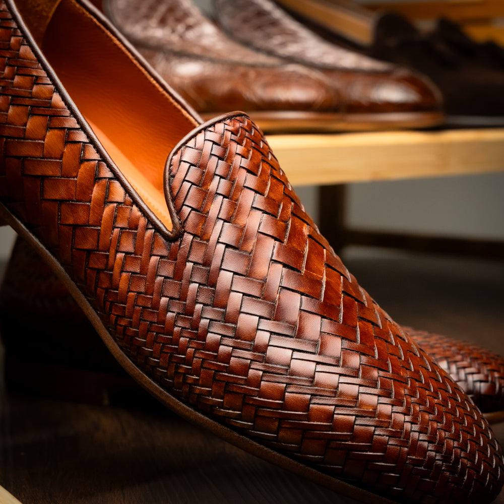 Rizzo Italian Calfskin Basketweave Loafer in Cognac by Zelli Italia