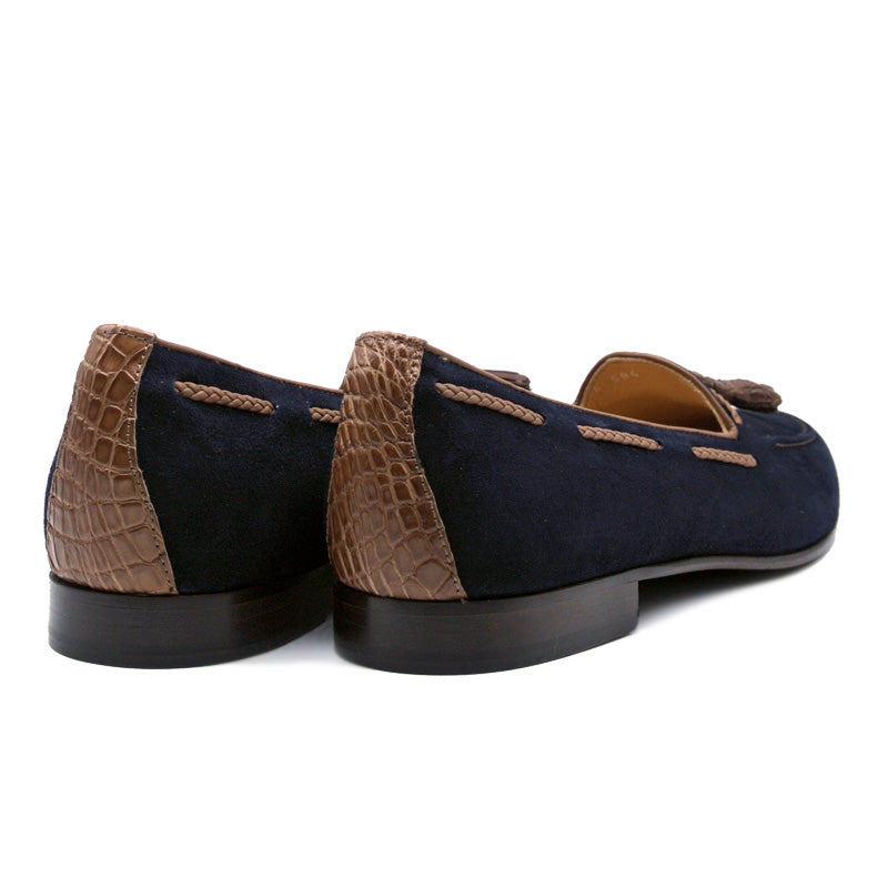 Naples Italian Kid Suede with Crocodile Embossed Tassel Loafer in Navy by Zelli Italia