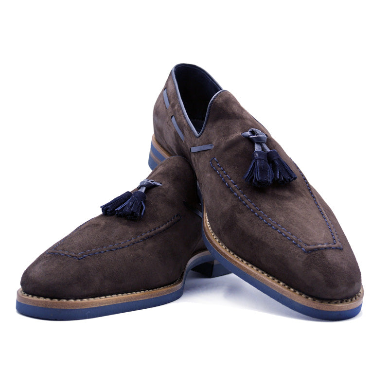 Carmen Sueded Goatskin & Crocodile Tassel Loafer in Brown by Zelli Italia