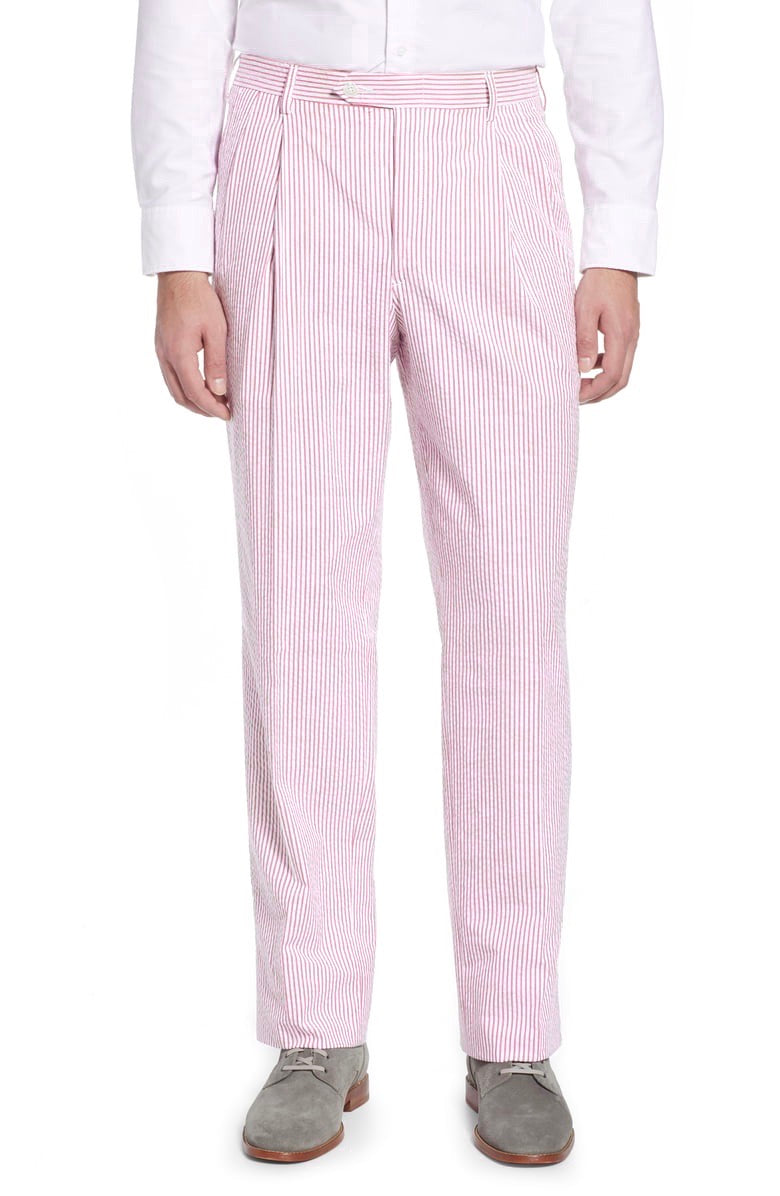 Seersucker Cotton Pant in Pink and White (Windsor Double Reverse Pleat) by Berle