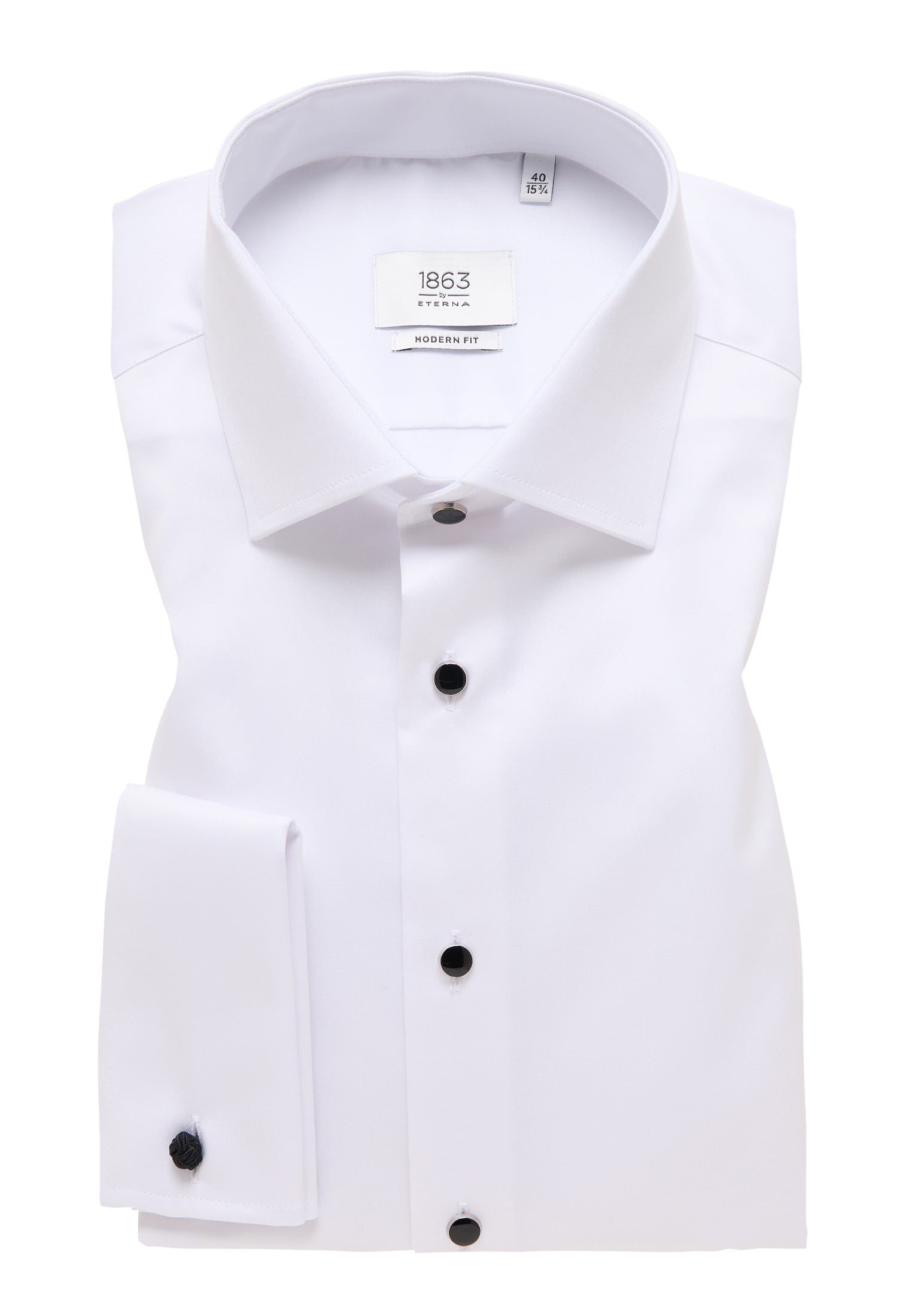 'Celebration Luxury Shirt' in White with French Cuff and Black Stud Buttons - Modern Fit - Two Ply Cotton Formal Shirt by Eterna 1863