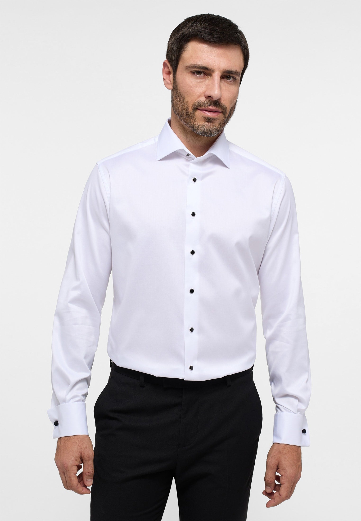 'Celebration Luxury Shirt' in White with French Cuff and Black Stud Buttons - Modern Fit - Two Ply Cotton Formal Shirt by Eterna 1863