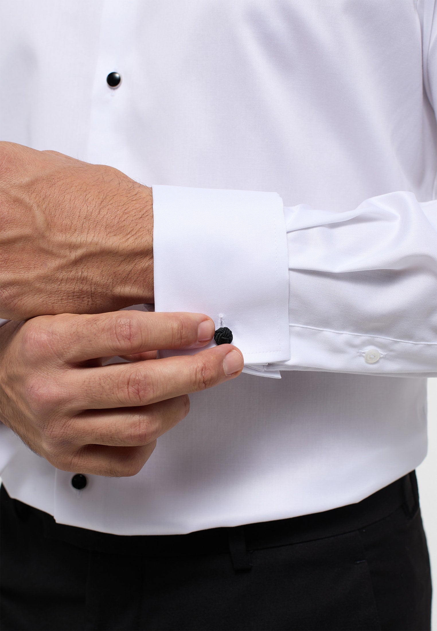 'Celebration Luxury Shirt' in White with French Cuff and Black Stud Buttons - Modern Fit - Two Ply Cotton Formal Shirt by Eterna 1863