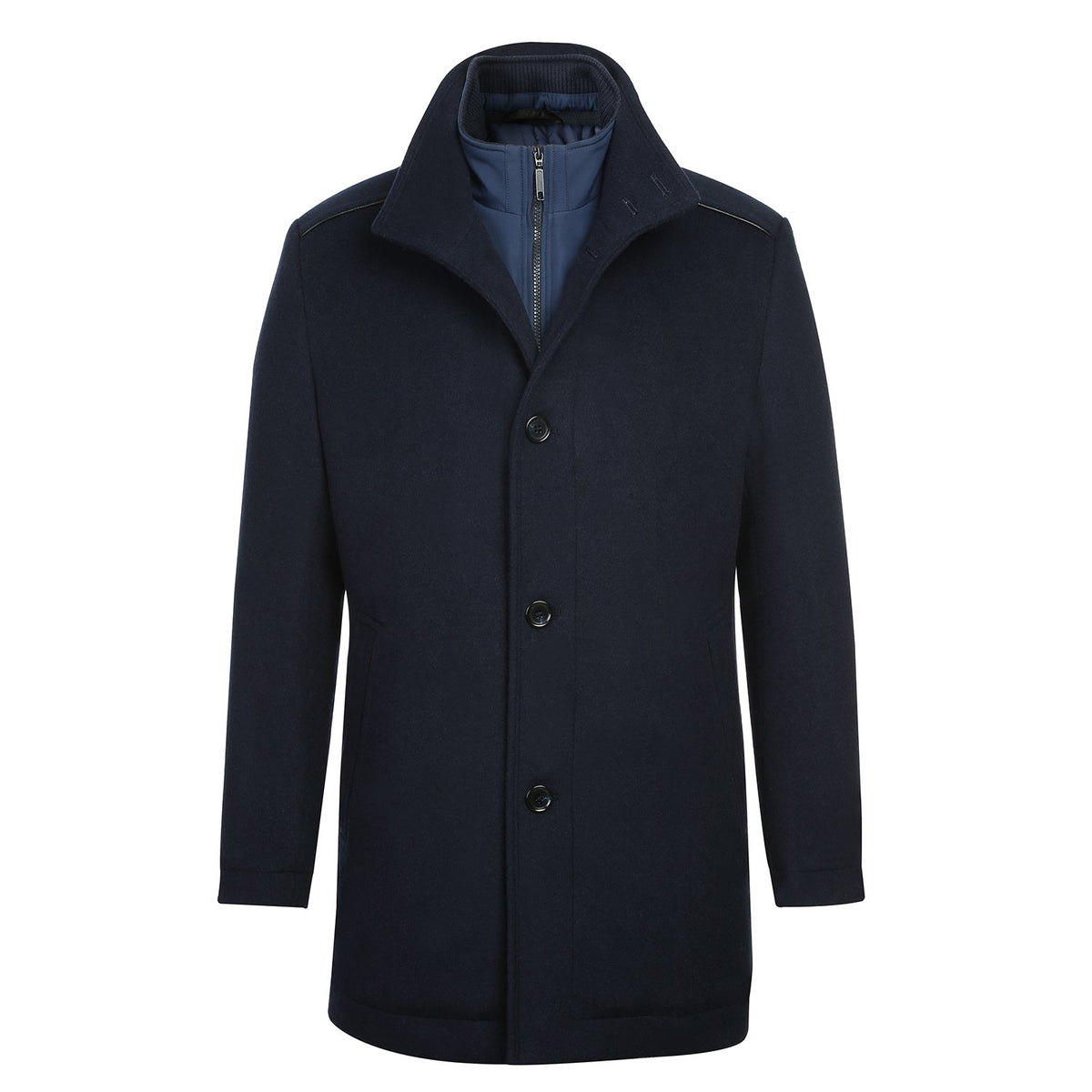 Wool Blend SLIM FIT Short Overcoat with Zip-Out Lining in Navy (Regula