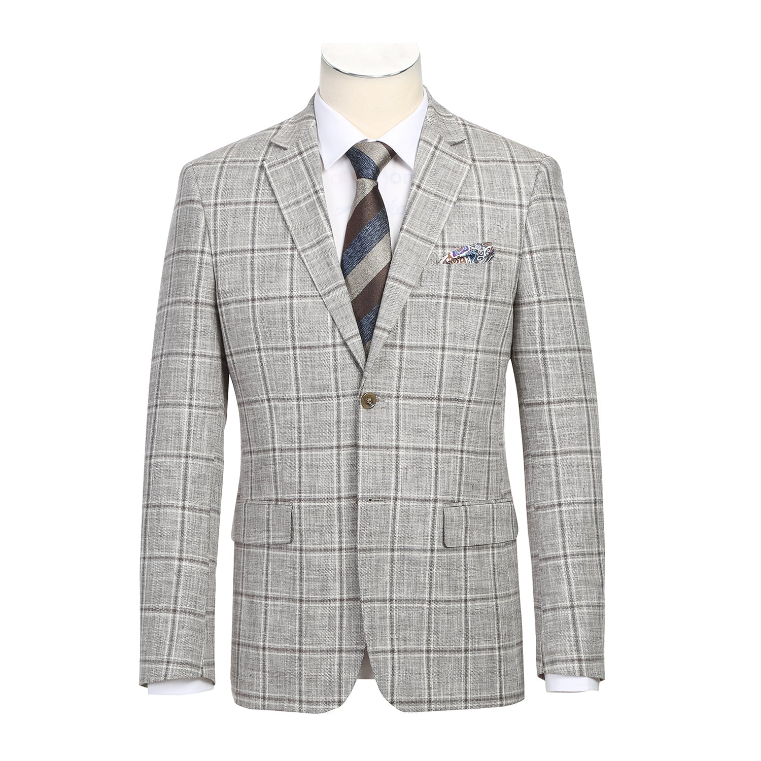 Single Breasted SLIM FIT Linen and Cotton Sport Coat in Khaki and Grey Plaid (Short, Regular, and Long Available) by Renoir