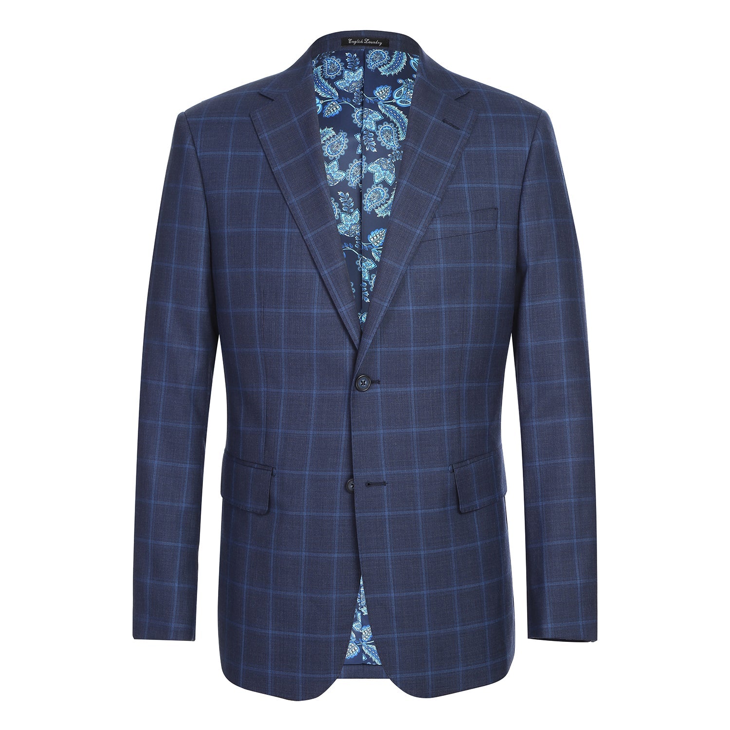 Wool Stretch Single Breasted SLIM FIT Suit in Navy Windowpane Check (Short, Regular, and Long Available) by English Laundry