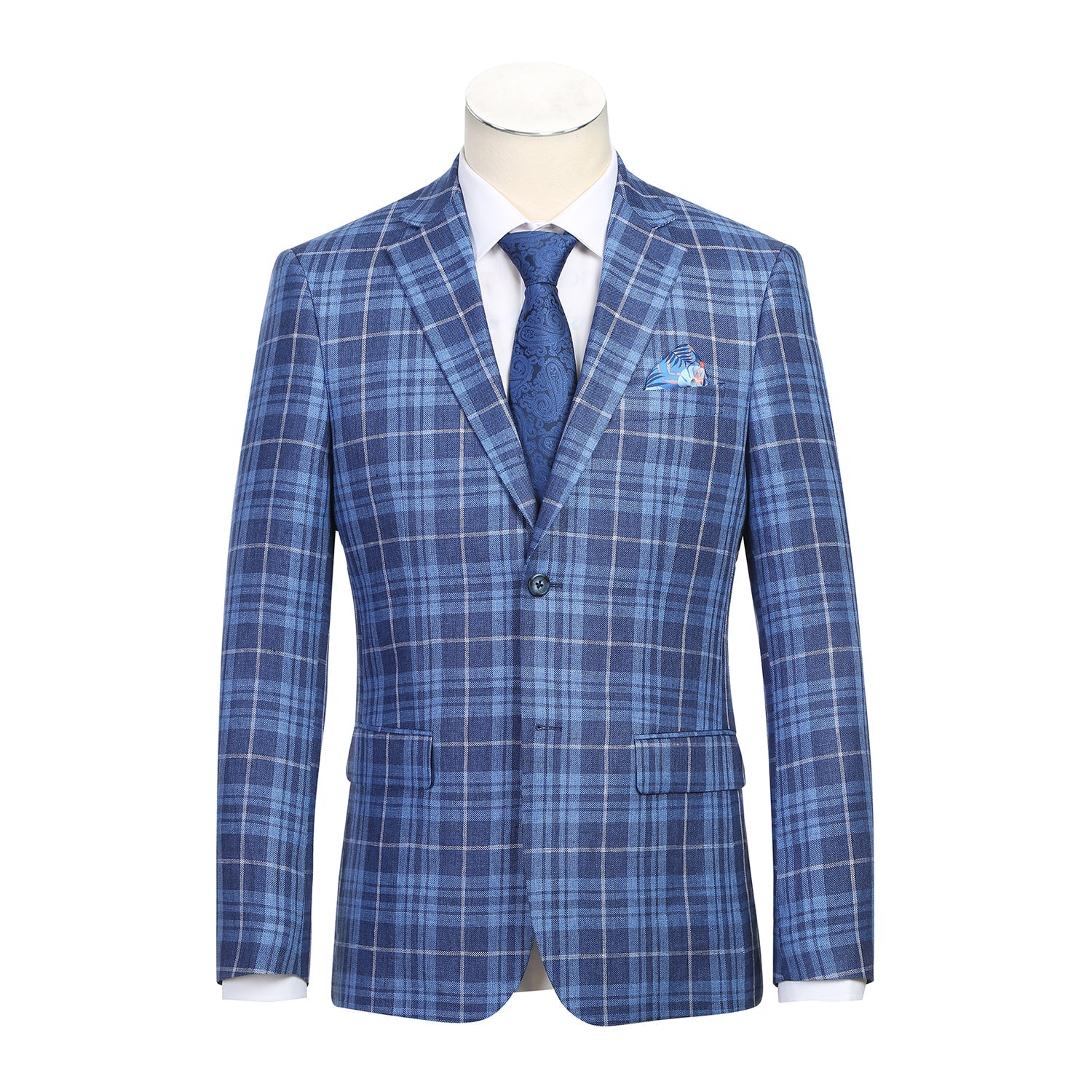 Single Breasted SLIM FIT Linen Sport Coat in Blue and Navy Plaid (Short, Regular, and Long Available) by Renoir