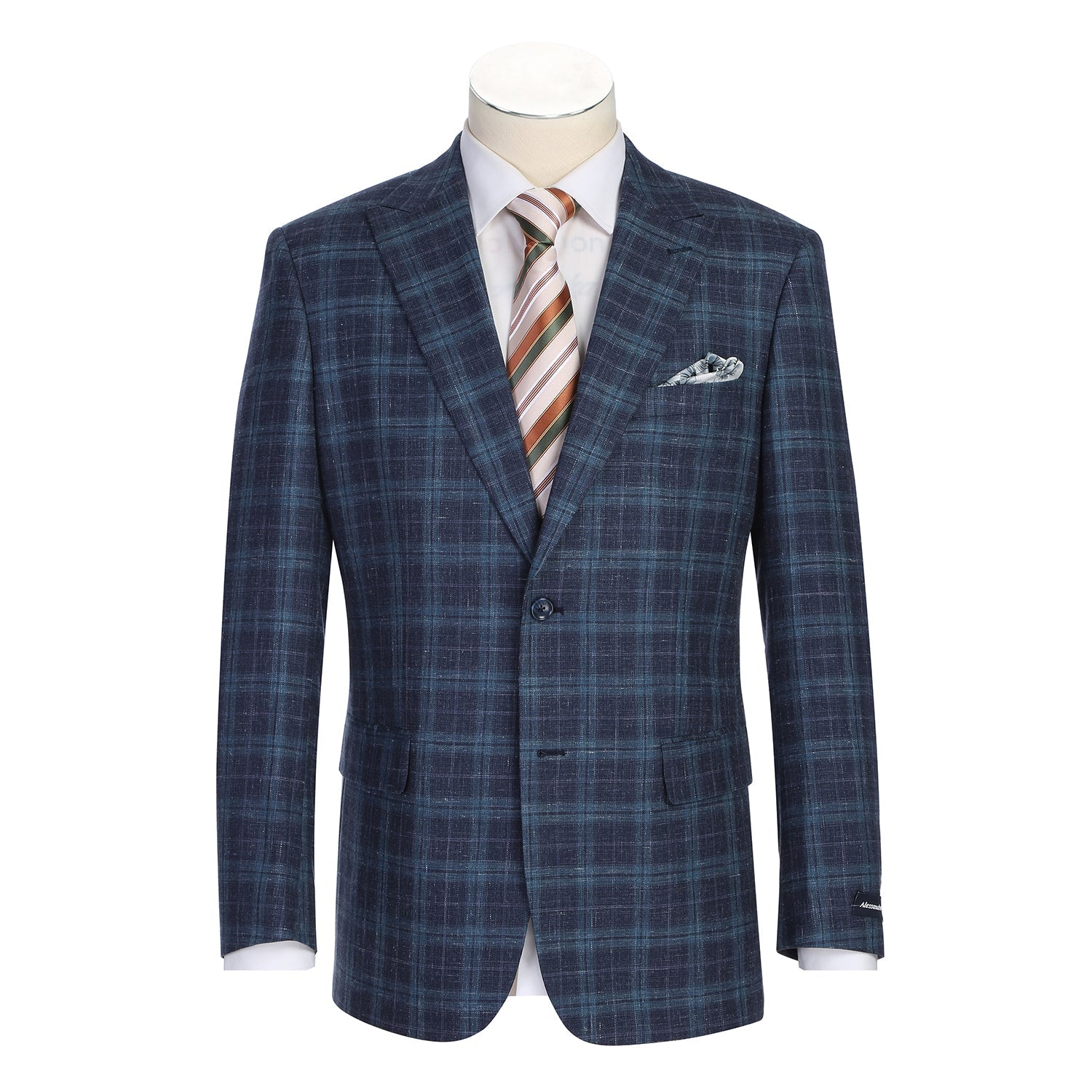 Wool and Linen Peak Lapel CLASSIC FIT Blazer in Navy Multi Plaid (Short, Regular, and Long Available) by Renoir