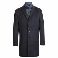 Wool Blend SLIM FIT Longline Overcoat with Quilted Zip-Out Lining in Navy Plaid (Regular & Long Lengths) by English Laundry