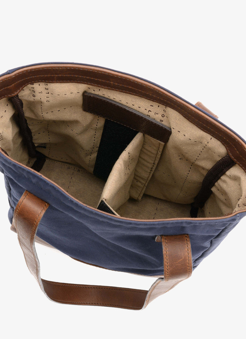Petty Bottle Tote in Navy Ventile and Baldwin Oak by Moore & Giles