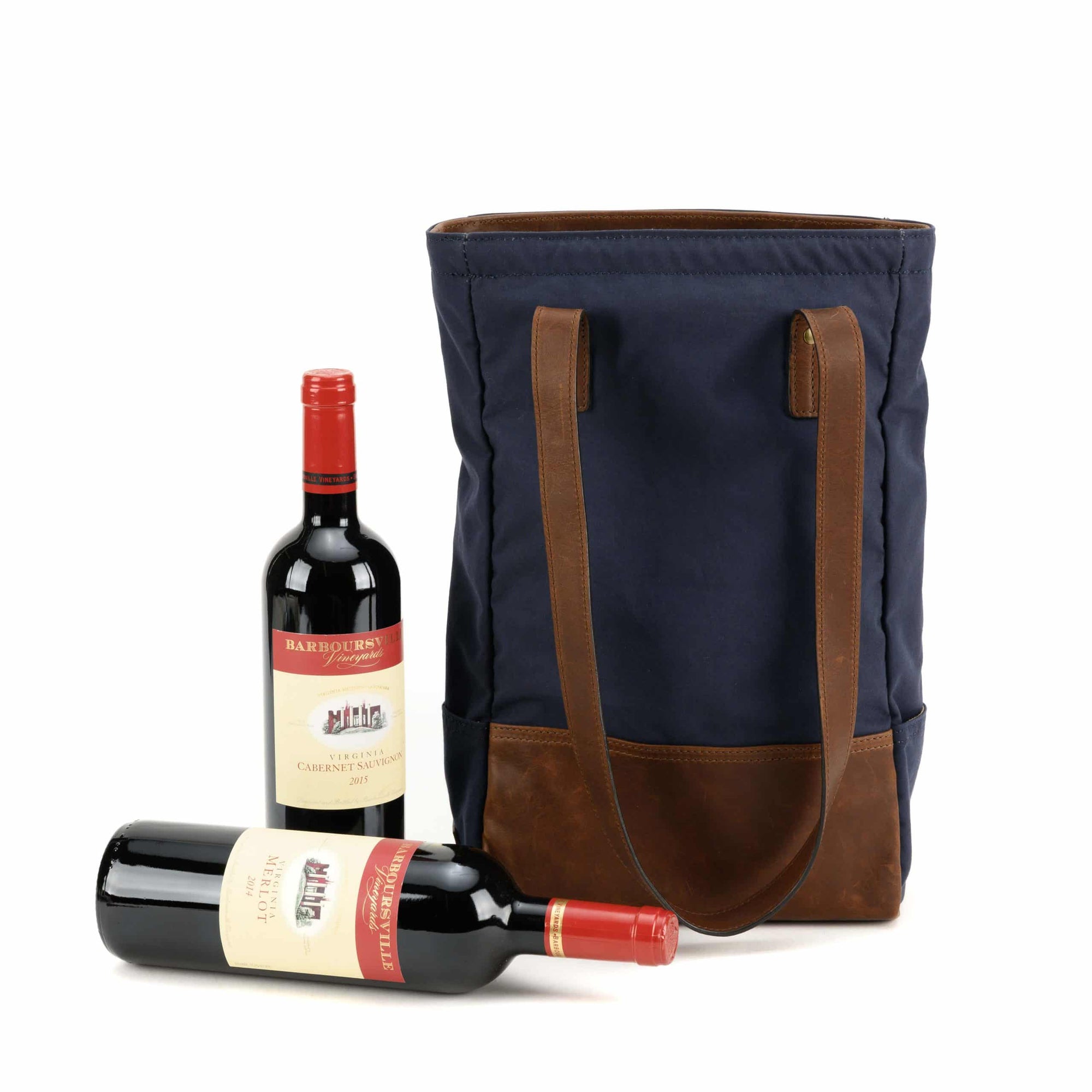 Petty Bottle Tote in Navy Ventile and Baldwin Oak by Moore & Giles