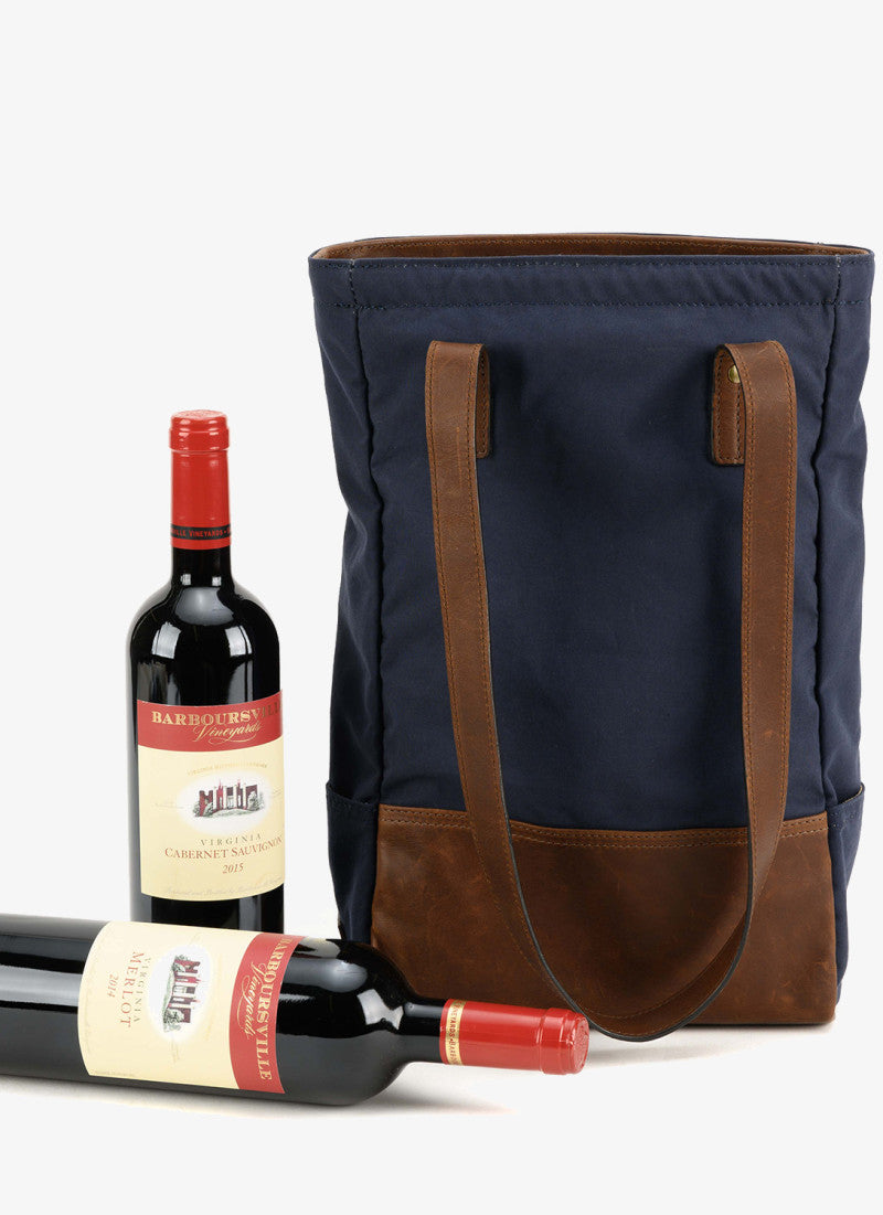 Petty Bottle Tote in Navy Ventile and Baldwin Oak by Moore & Giles