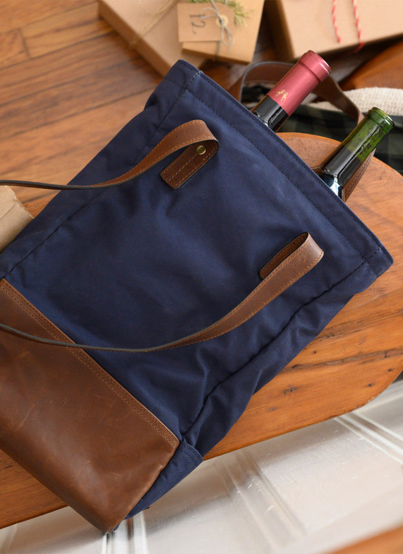 Petty Bottle Tote in Navy Ventile and Baldwin Oak by Moore & Giles