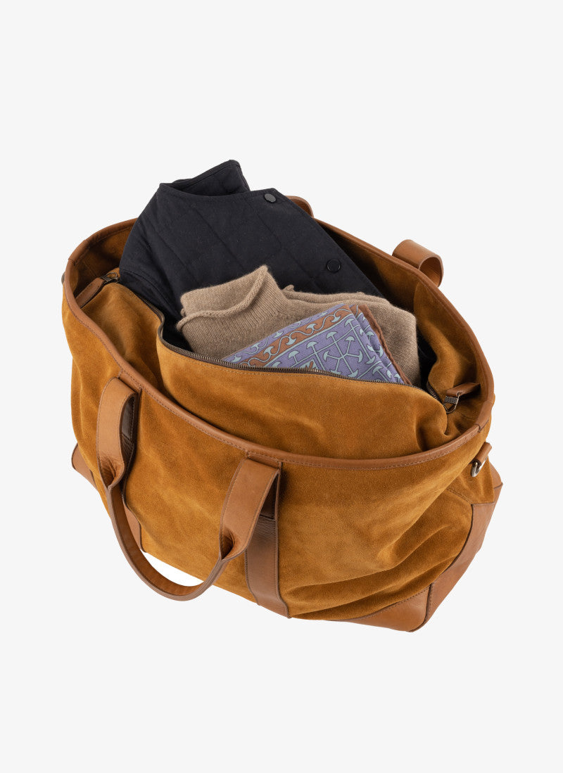 Alex Suede and Leather Travel Bag in Valencia Cider & Valhalla Nutmeg by Moore & Giles
