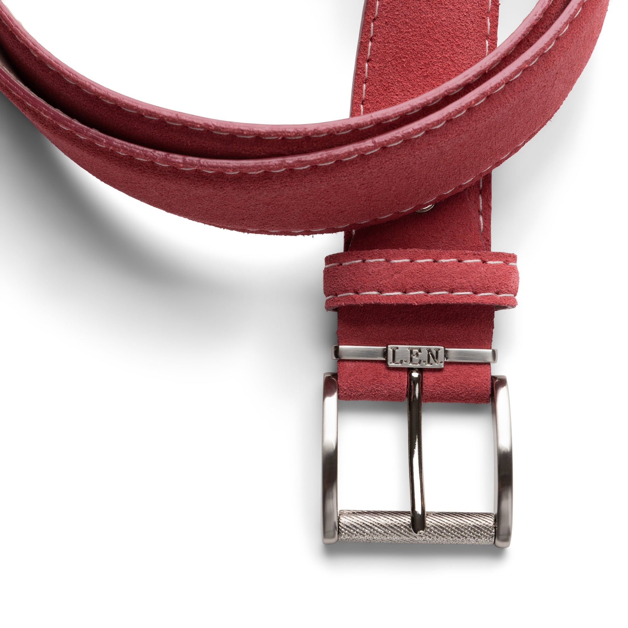 Italian Suede Belt in Ruby with White Stitching by L.E.N. Bespoke