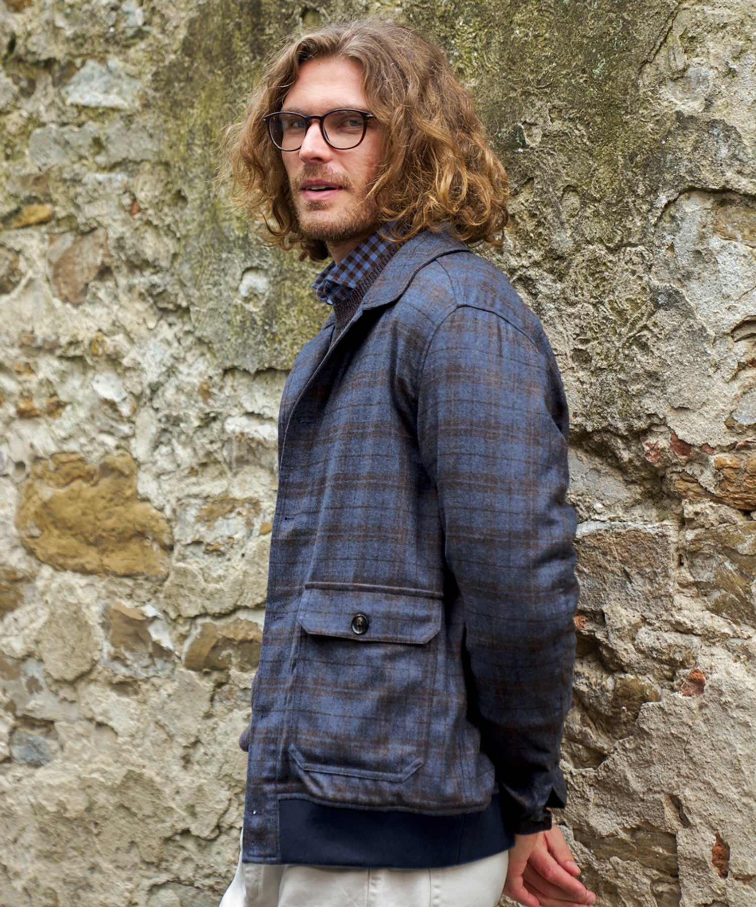 Wool and Cashmere Plaid Sport Blouson Jacket in Navy by Borgo28