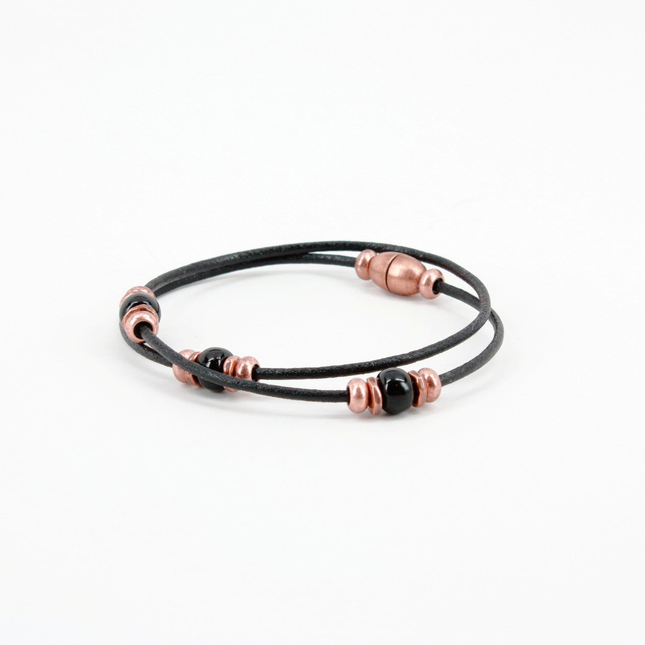 Harness Leather Double Wrap Bracelet with Copper and Black Beads by Torino Leather