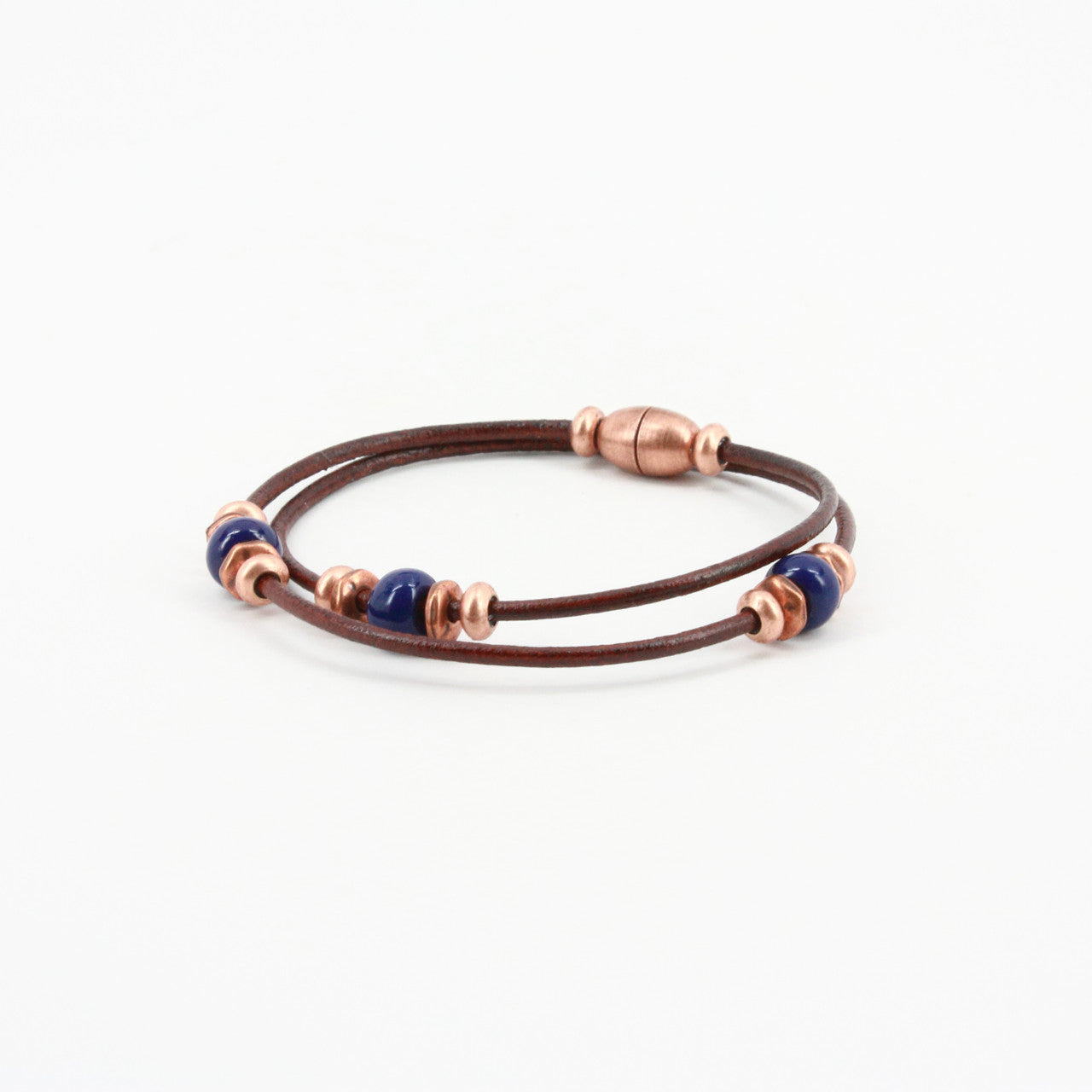 Harness Leather Double Wrap Bracelet with Copper and Navy Beads by Torino Leather