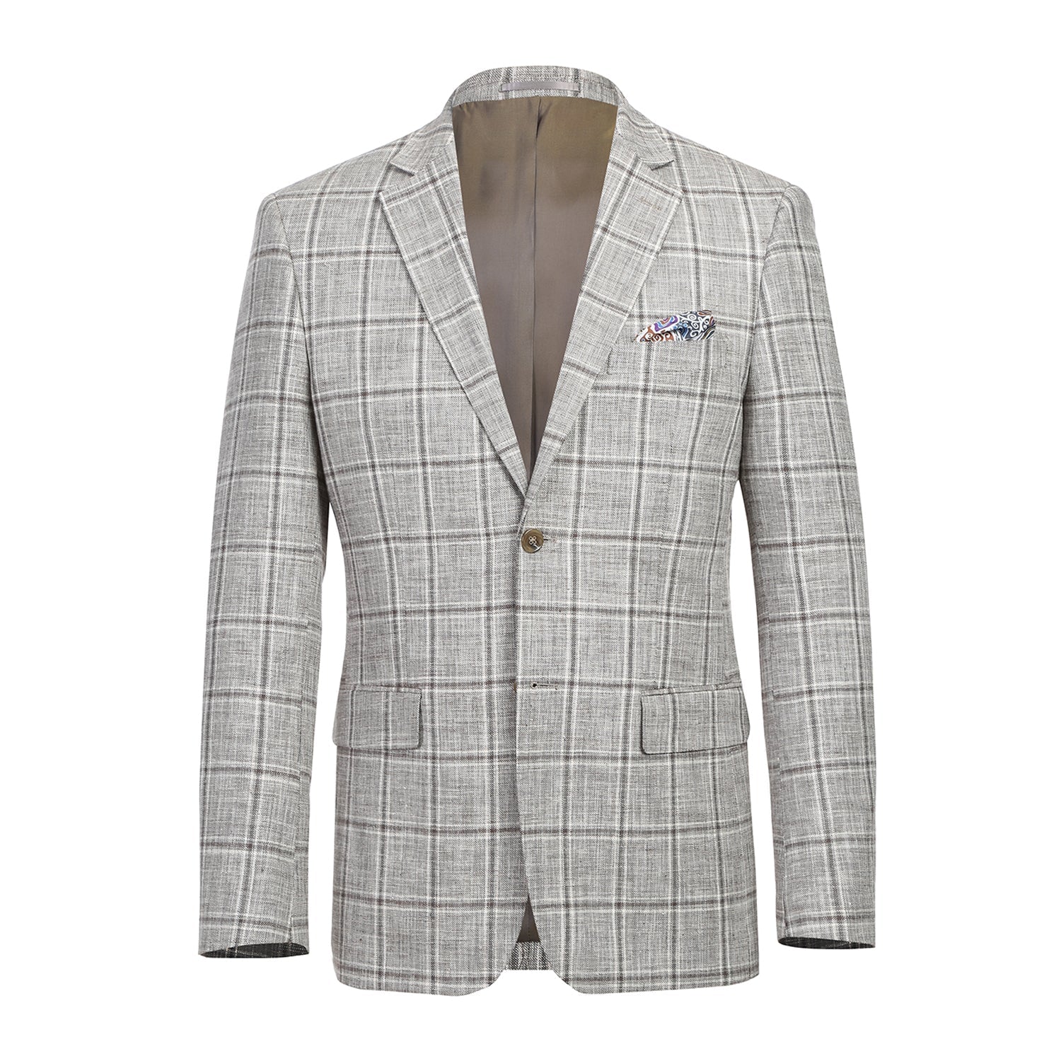 Single Breasted SLIM FIT Linen and Cotton Sport Coat in Khaki and Grey Plaid (Short, Regular, and Long Available) by Renoir