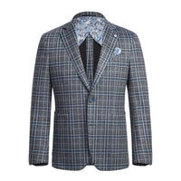 Single Breasted SLIM FIT Half Canvas Knit Soft Jacket in Grey and Blue Plaid (Short, Regular, and Long Available) by Pelago
