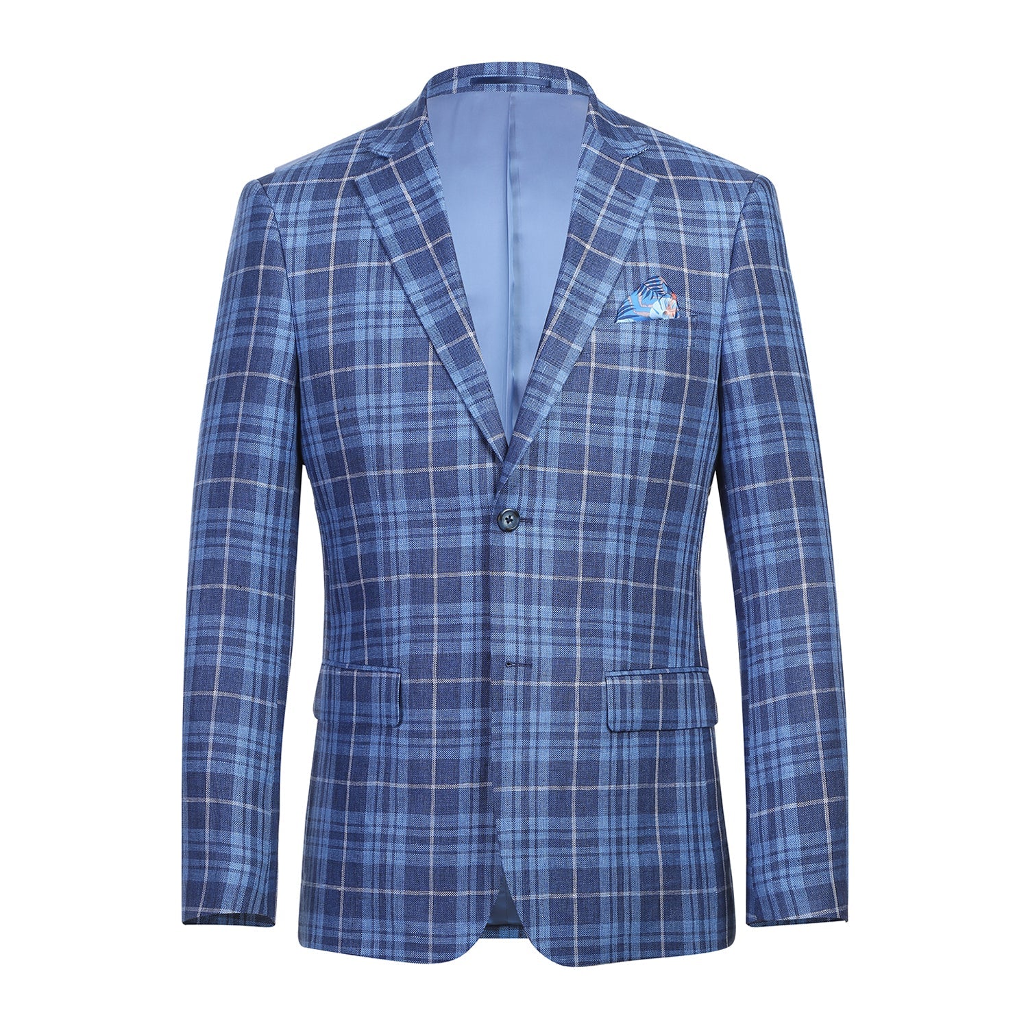 Single Breasted SLIM FIT Linen Sport Coat in Blue and Navy Plaid (Short, Regular, and Long Available) by Renoir