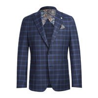 Single Breasted SLIM FIT Half Canvas Knit Soft Jacket in Navy and Blue Plaid (Size 42 Short) by Pelago