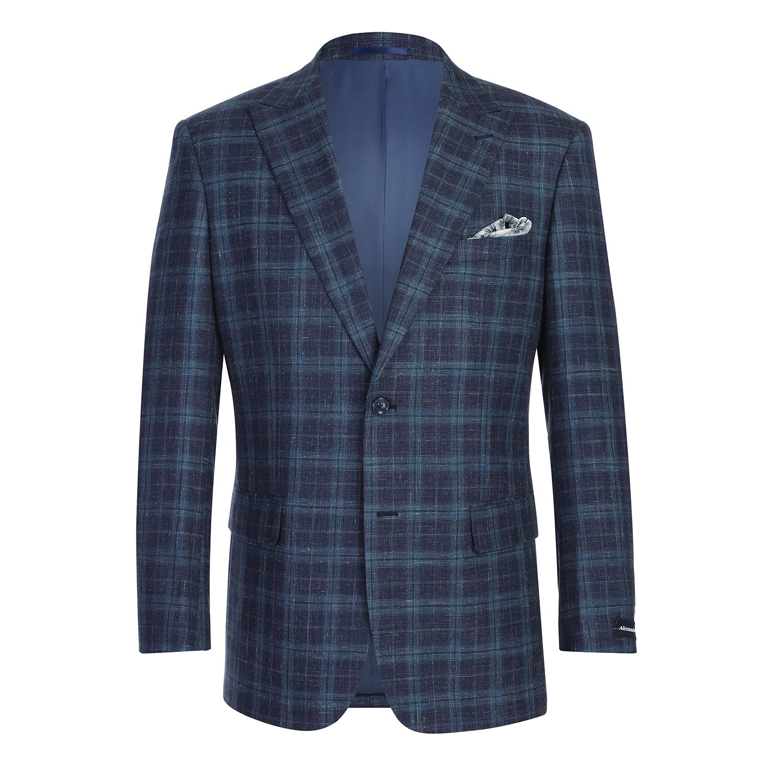 Wool and Linen Peak Lapel CLASSIC FIT Blazer in Navy Multi Plaid (Short, Regular, and Long Available) by Renoir