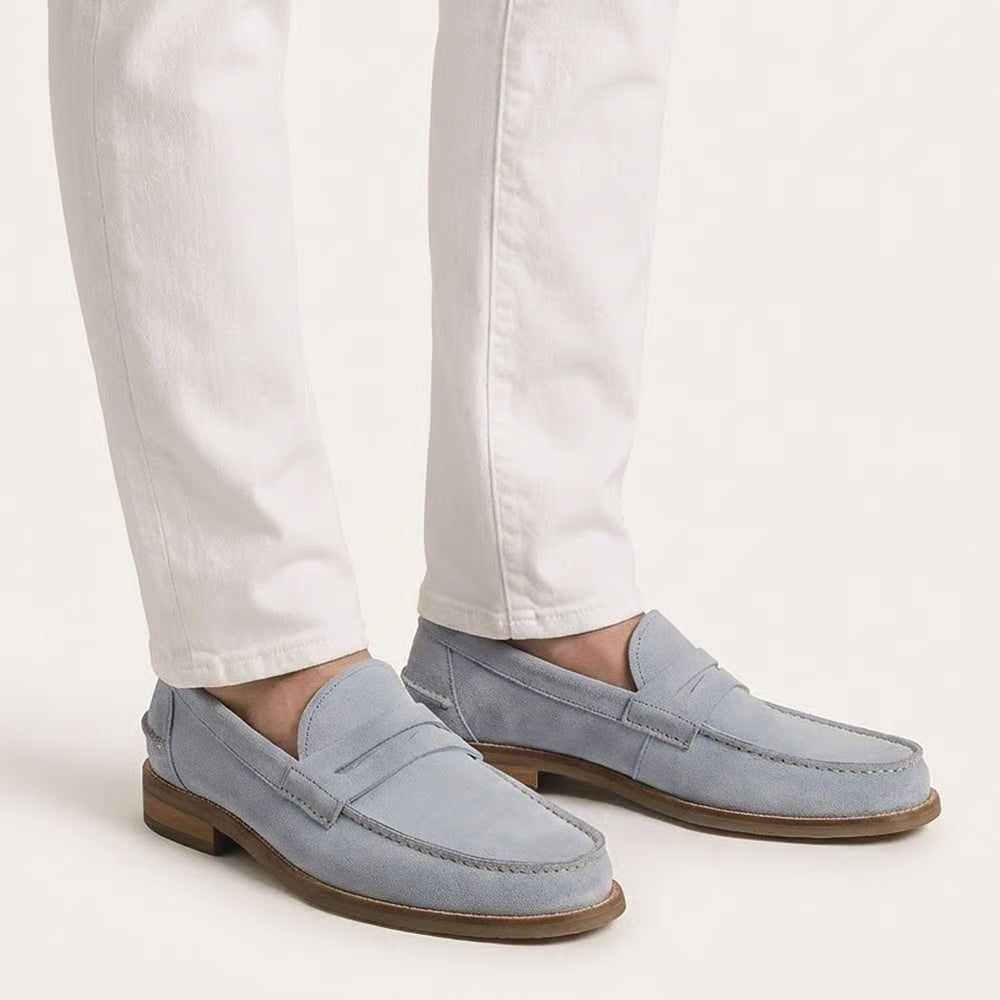 Sorrento Moccasin-Style Penny Loafer in Light Blue Suede by Allen Edmonds
