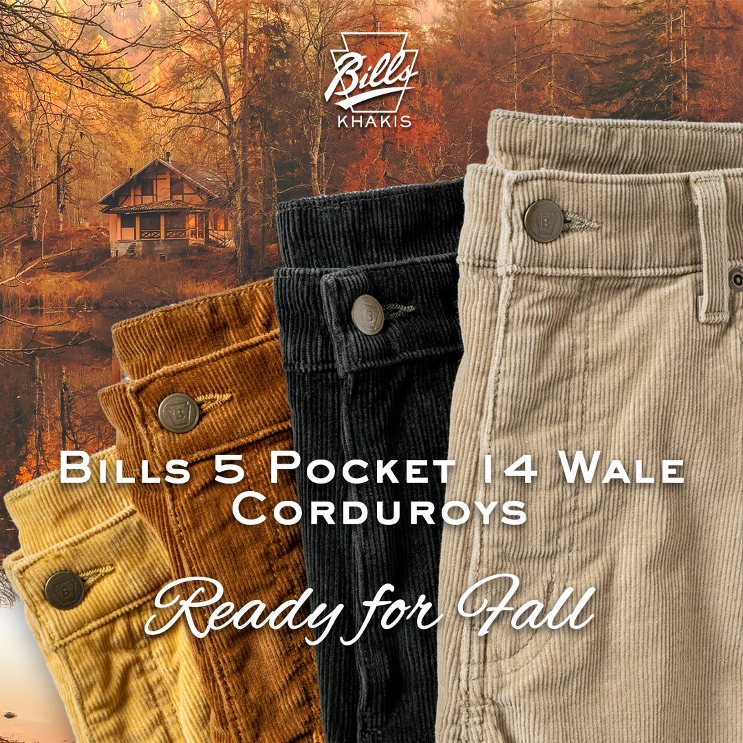 14 Wale Stretch Cord 5 Pocket Straight Fit Model in British Khaki by Bills Khakis