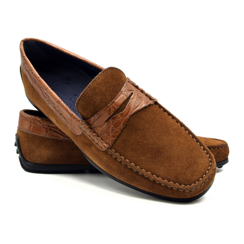 Monza Sueded Calfskin and Crocodile Driver in Cognac by Zelli Italia