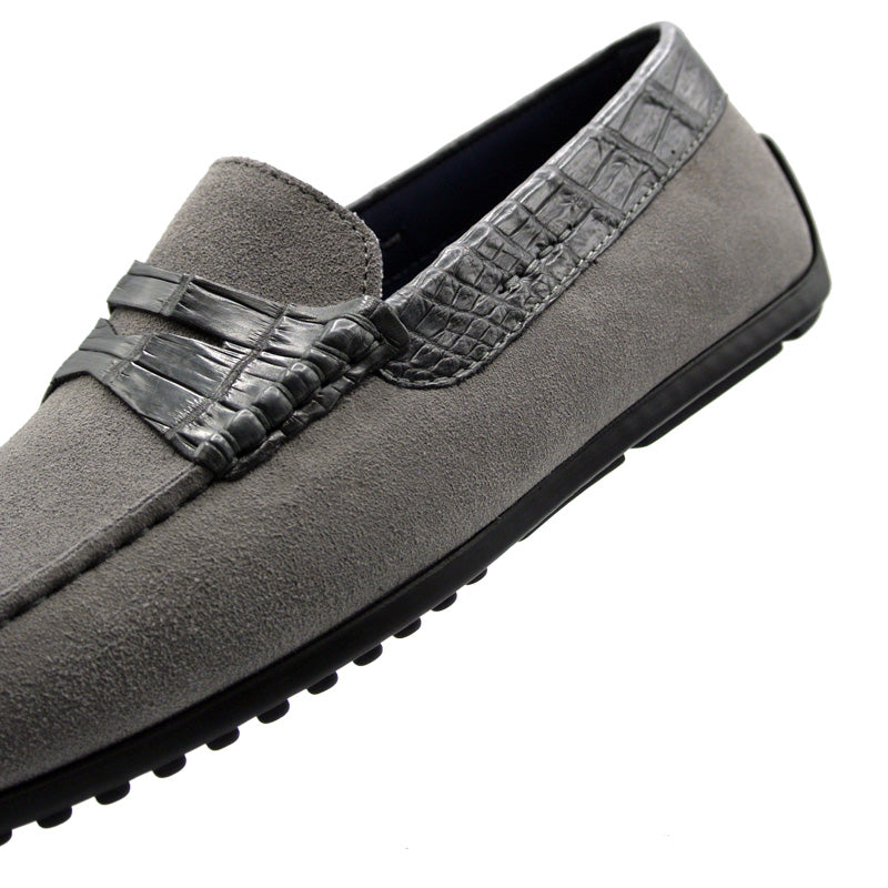Monza Sueded Calfskin and Crocodile Driver in Grey by Zelli Italia