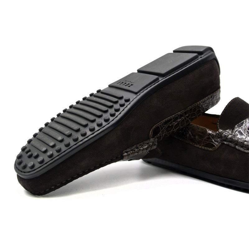 Monza Sueded Calfskin and Crocodile Driver in Nicotine by Zelli Italia