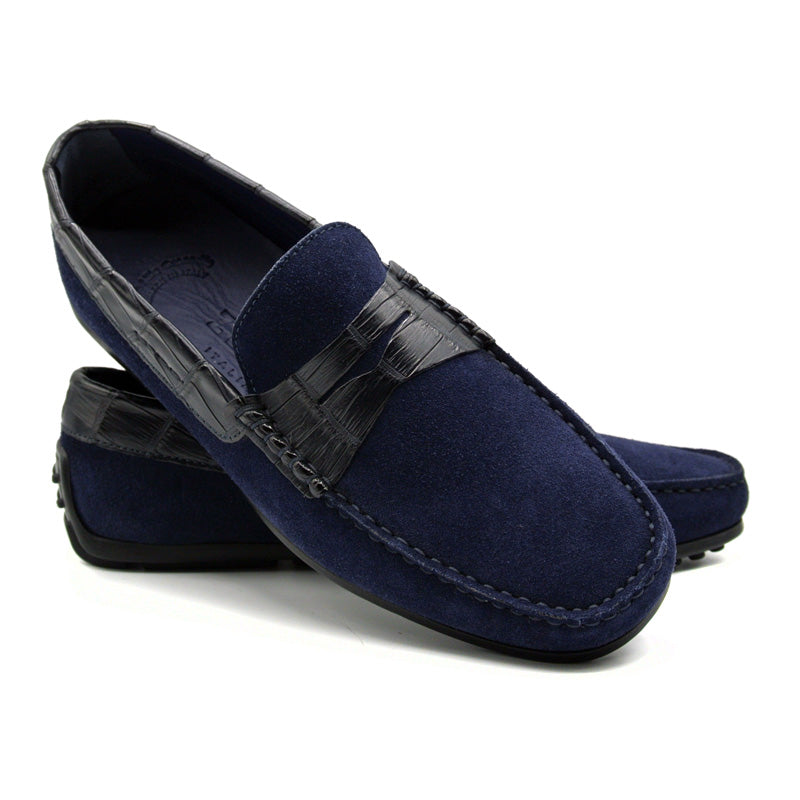 Monza Sueded Calfskin and Crocodile Driver in Navy by Zelli Italia