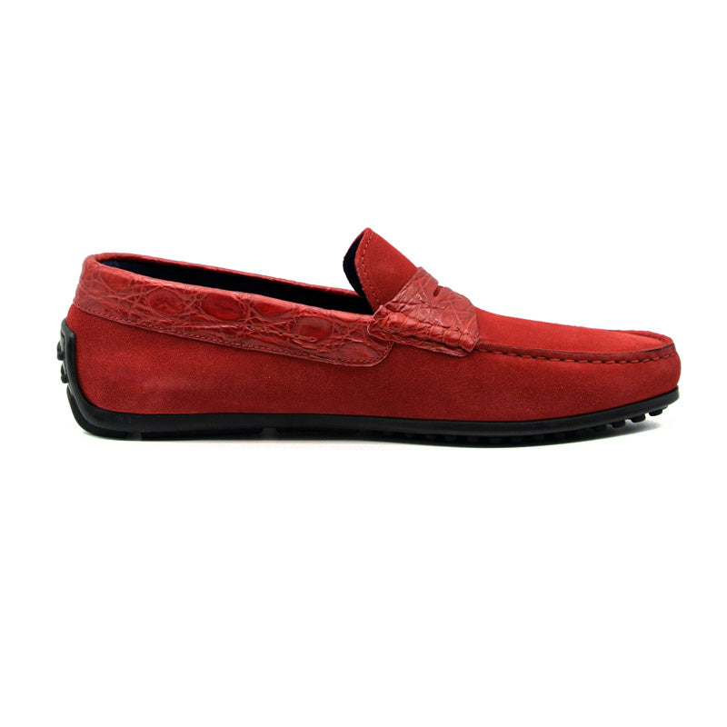 Monza Sueded Calfskin and Crocodile Driver in Red by Zelli Italia